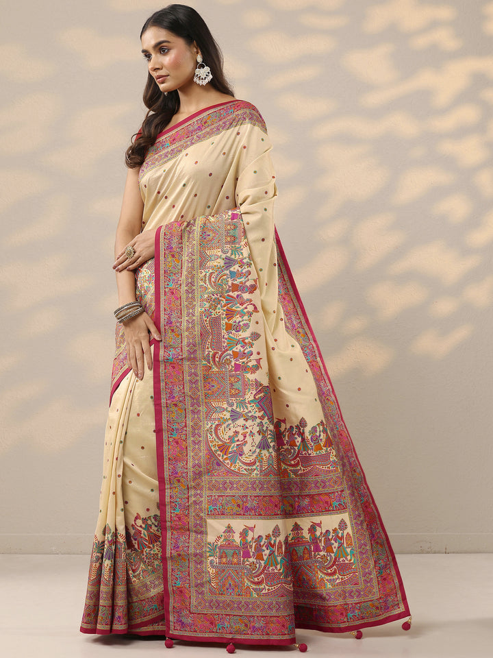 Cream Printed Silk Blend Saree With Unstitched Blouse Piece