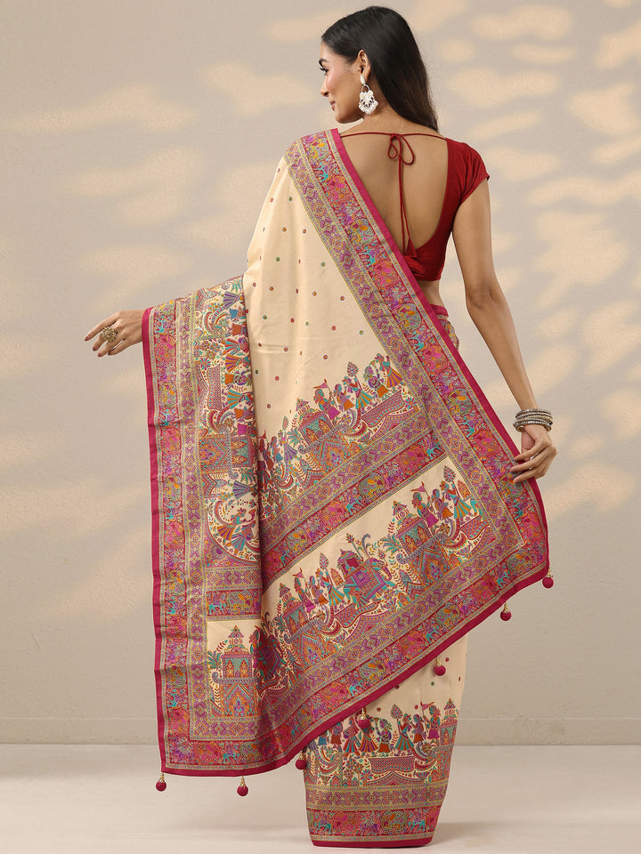 Cream Printed Silk Blend Saree With Unstitched Blouse Piece