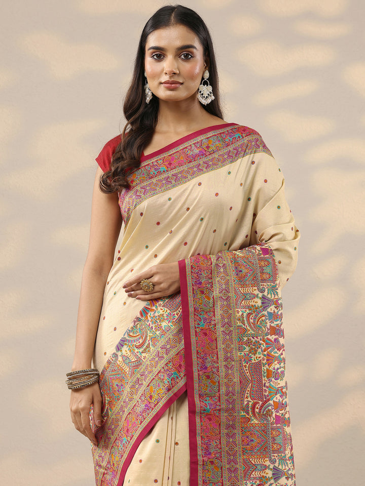 Cream Printed Silk Blend Saree With Unstitched Blouse Piece