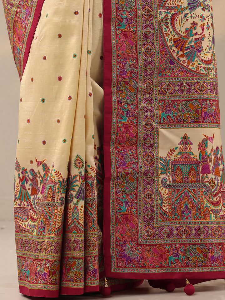 Cream Printed Silk Blend Saree With Unstitched Blouse Piece