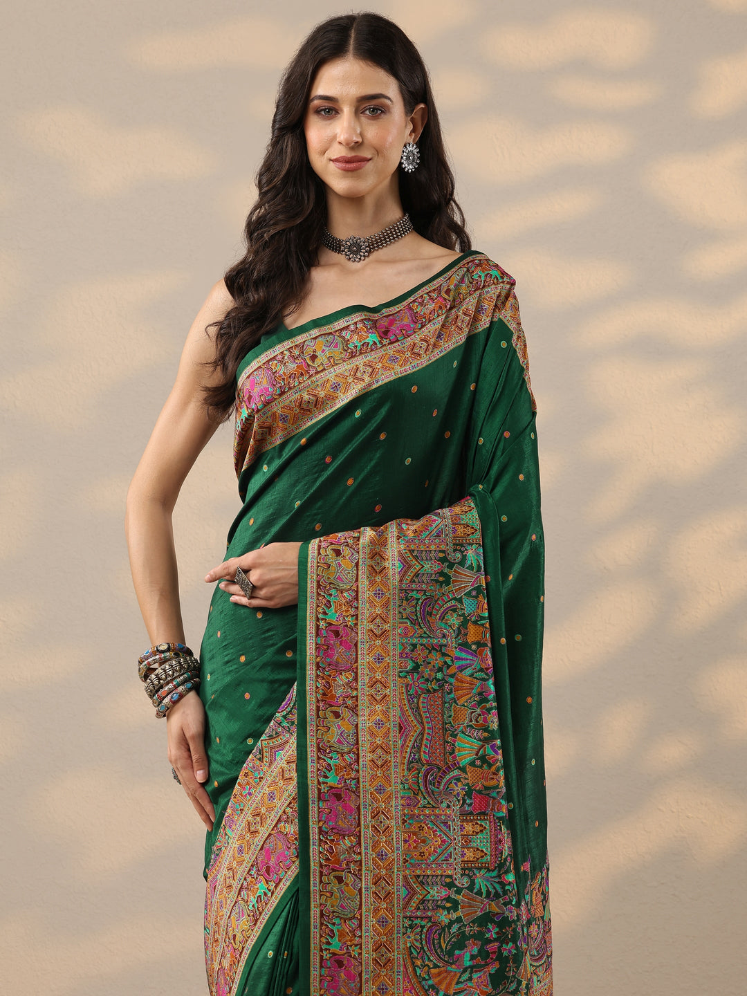 Green Printed Silk Blend Saree With Unstitched Blouse Piece