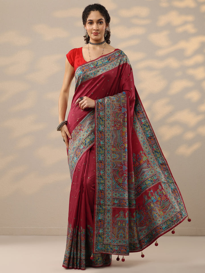 Red Embroidered Silk Blend Saree With Unstitched Blouse Piece