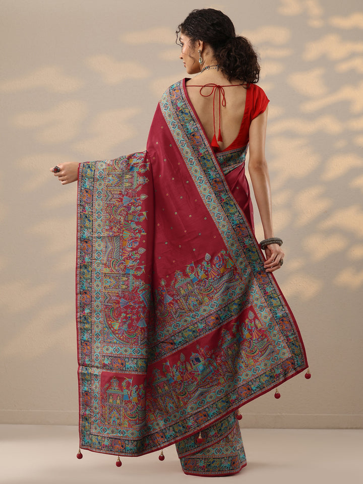 Red Embroidered Silk Blend Saree With Unstitched Blouse Piece