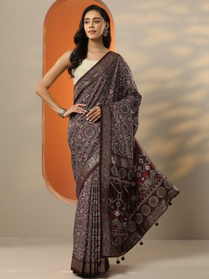 Brown Woven Design Silk Blend Saree With Unstitched Blouse Piece