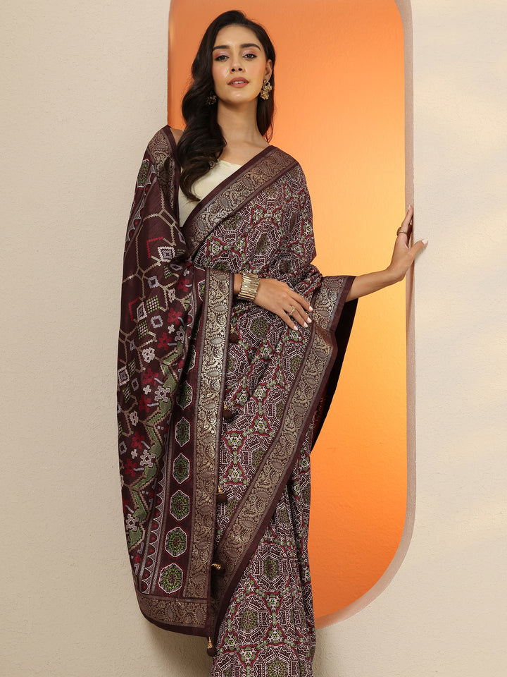 Brown Woven Design Silk Blend Saree With Unstitched Blouse Piece