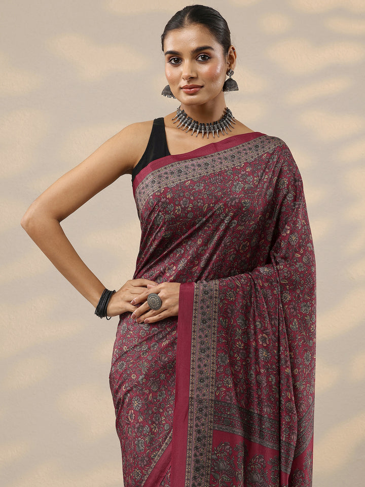 Red Printed Silk Blend Saree With Unstitched Blouse Piece