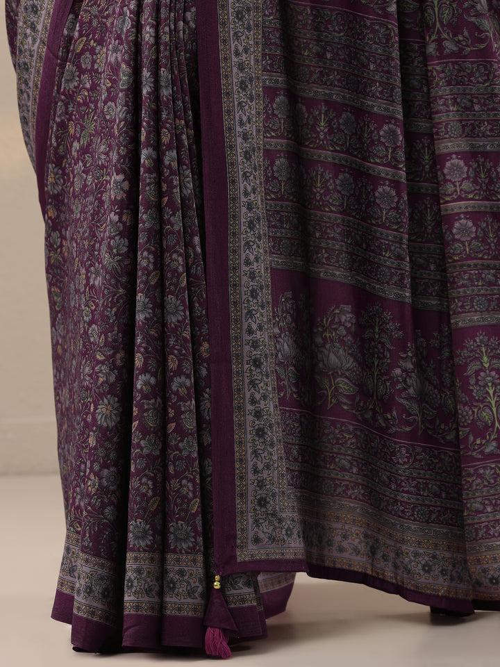 Burgundy  Printed Silk Blend Saree With Unstitched Blouse Piece