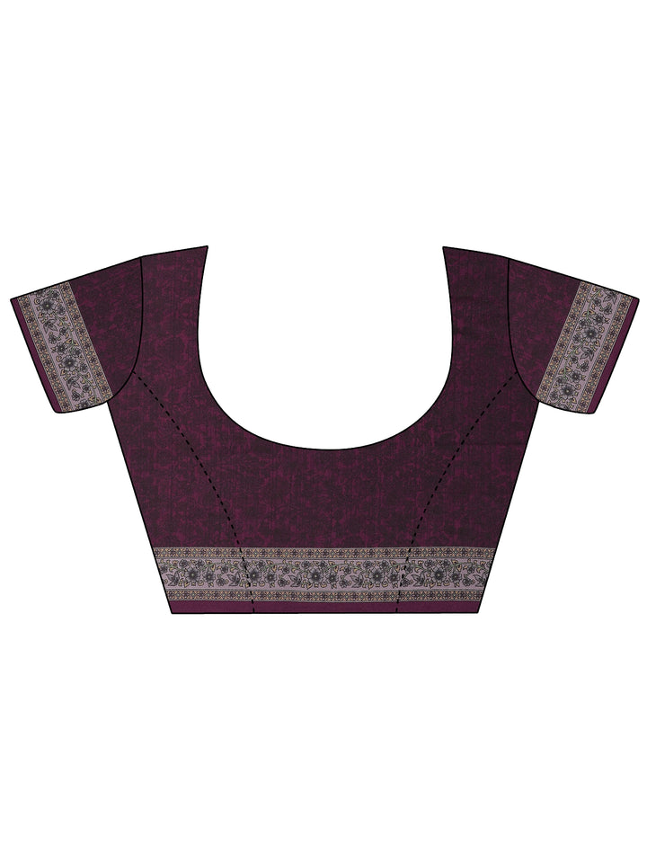 Burgundy  Printed Silk Blend Saree With Unstitched Blouse Piece