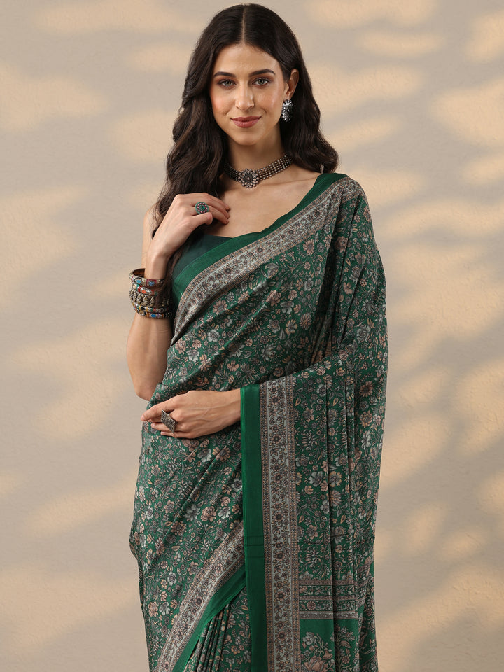 Green Printed Silk Blend Saree With Unstitched Blouse Piece