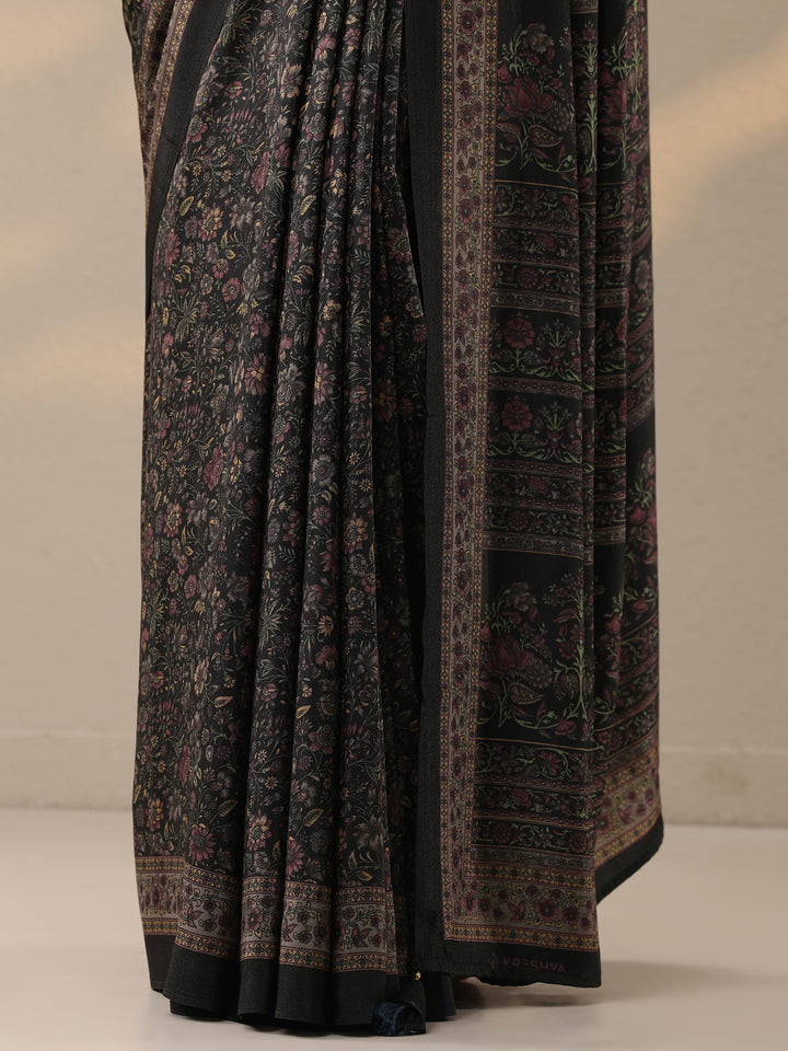 Black Printed Silk Blend Saree With Unstitched Blouse Piece
