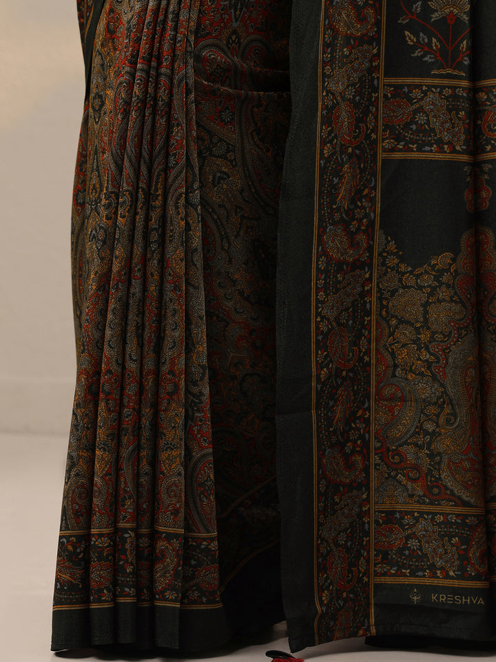 Black Printed Silk Blend Saree With Unstitched Blouse Piece