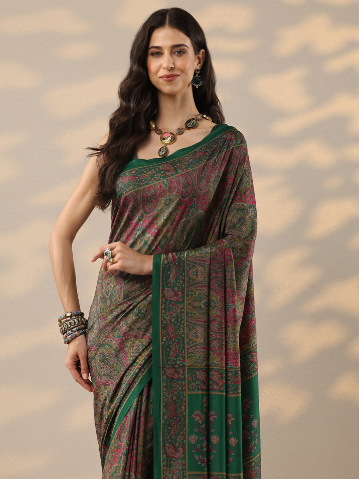 Green Printed Silk Blend Saree With Unstitched Blouse Piece