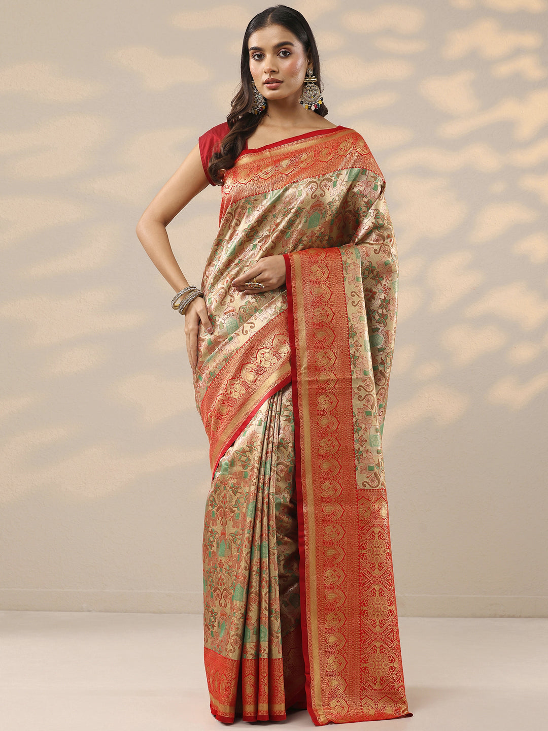 Cream Woven Design Silk Blend Saree With Unstitched Blouse Piece