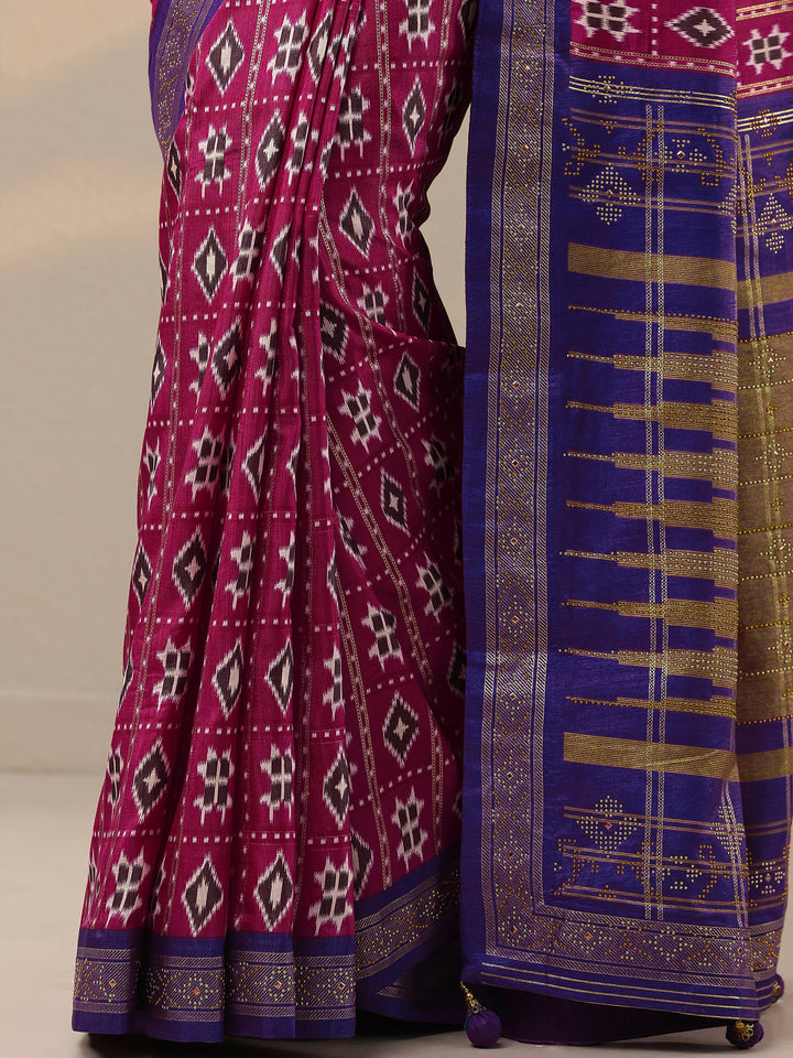 Pink Printed Silk Blend Saree With Unstitched Blouse Piece