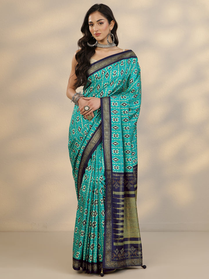 Green Printed Silk Blend Saree With Unstitched Blouse Piece