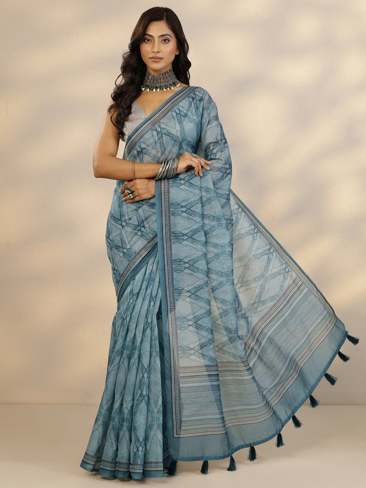Blue Printed Silk Blend Saree With Unstitched Blouse Piece