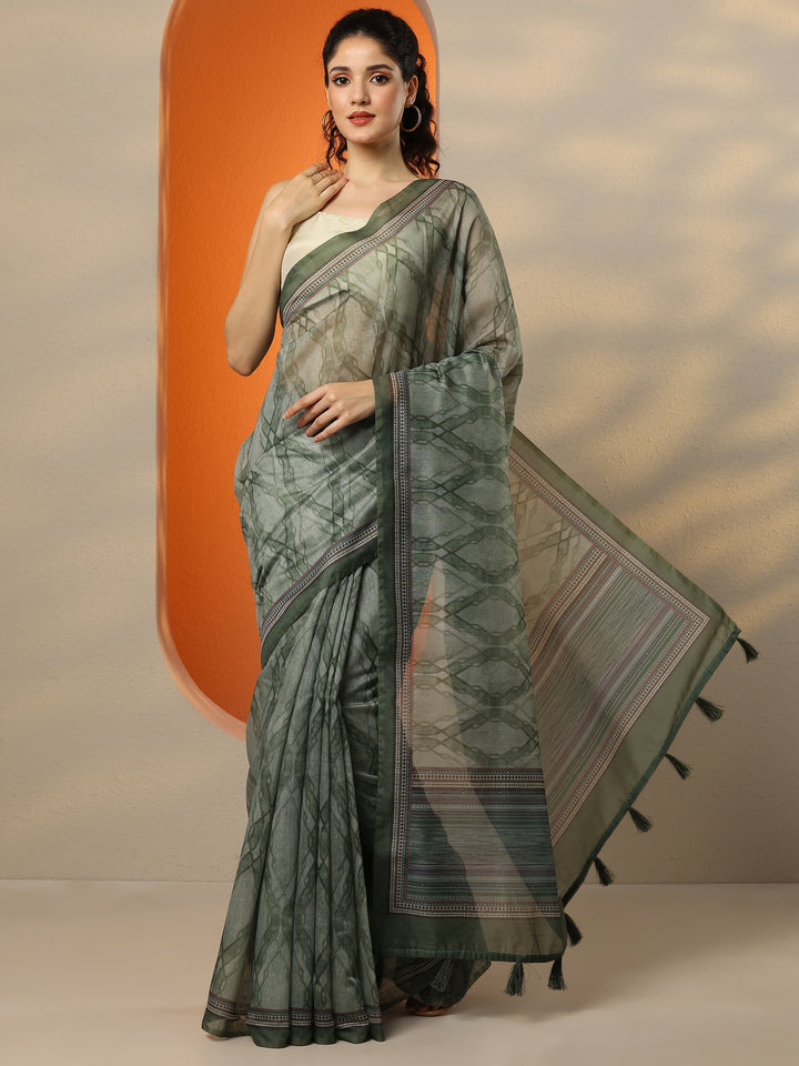 Green Printed Silk Blend Saree With Unstitched Blouse Piece