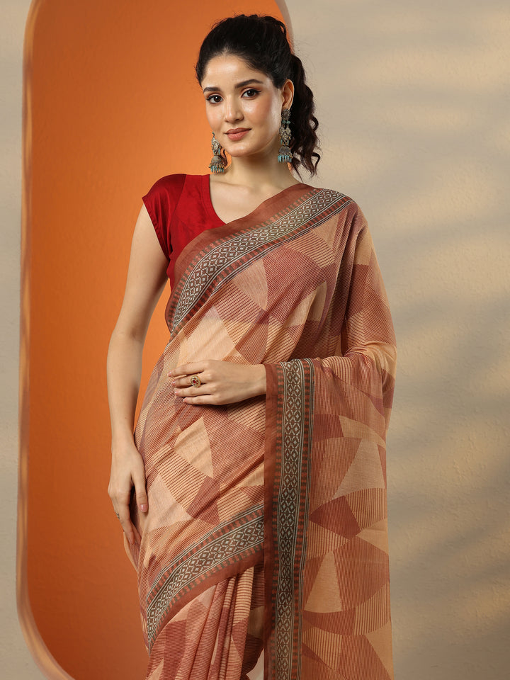 Brown Printed Silk Blend Saree With Unstitched Blouse Piece