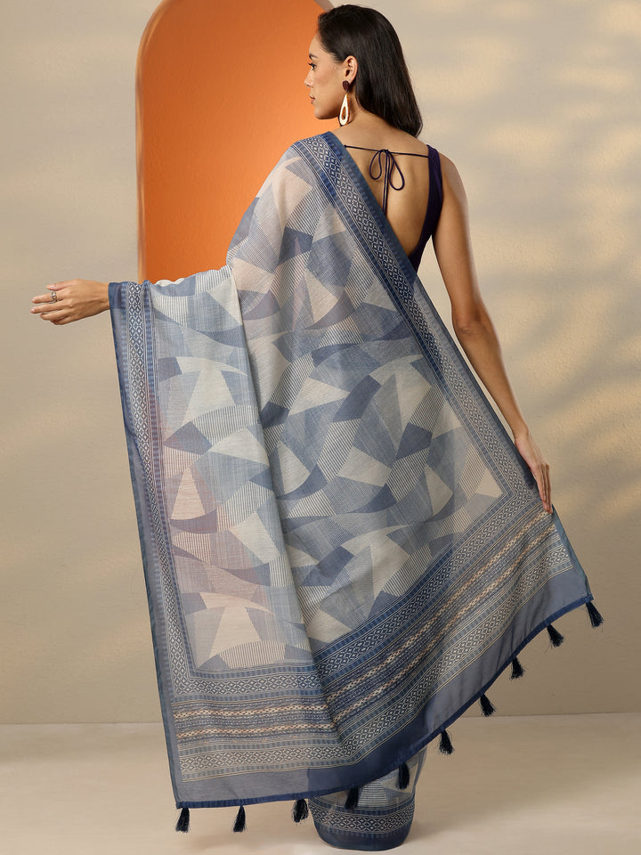 Blue Printed Silk Blend Saree With Unstitched Blouse Piece