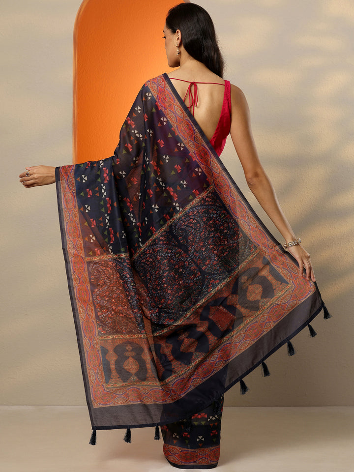 Navy Blue Printed Silk Blend Saree With Unstitched Blouse Piece