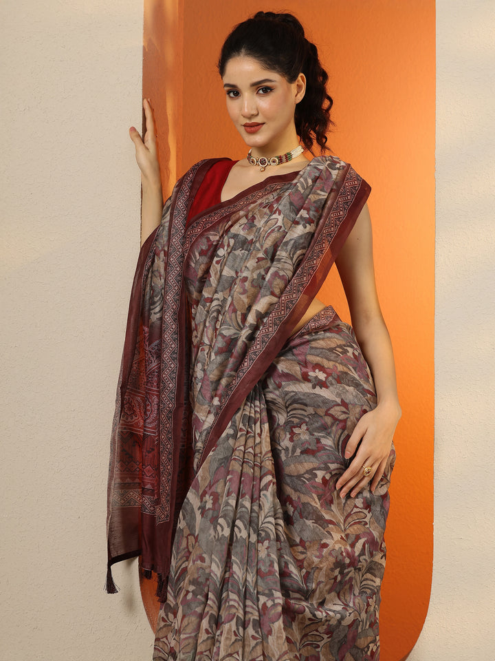 Multi Printed Silk Blend Saree With Unstitched Blouse Piece