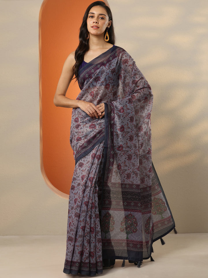 Grey Printed Silk Blend Saree With Unstitched Blouse Piece