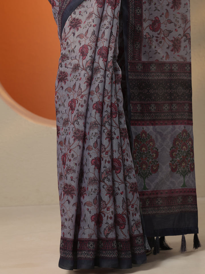 Grey Printed Silk Blend Saree With Unstitched Blouse Piece