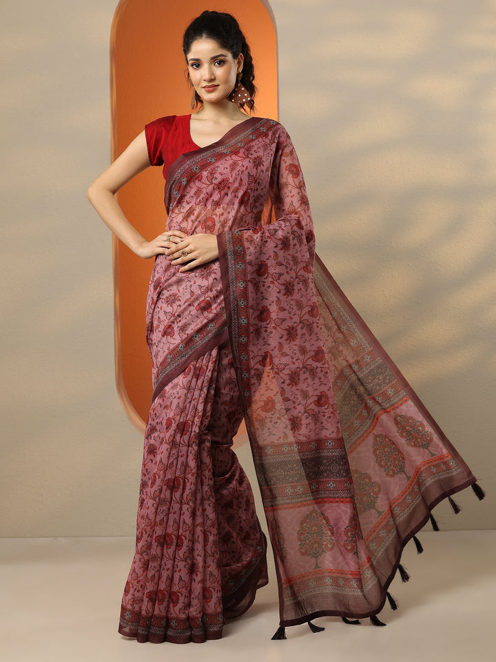 Pink Printed Silk Blend Saree With Unstitched Blouse Piece