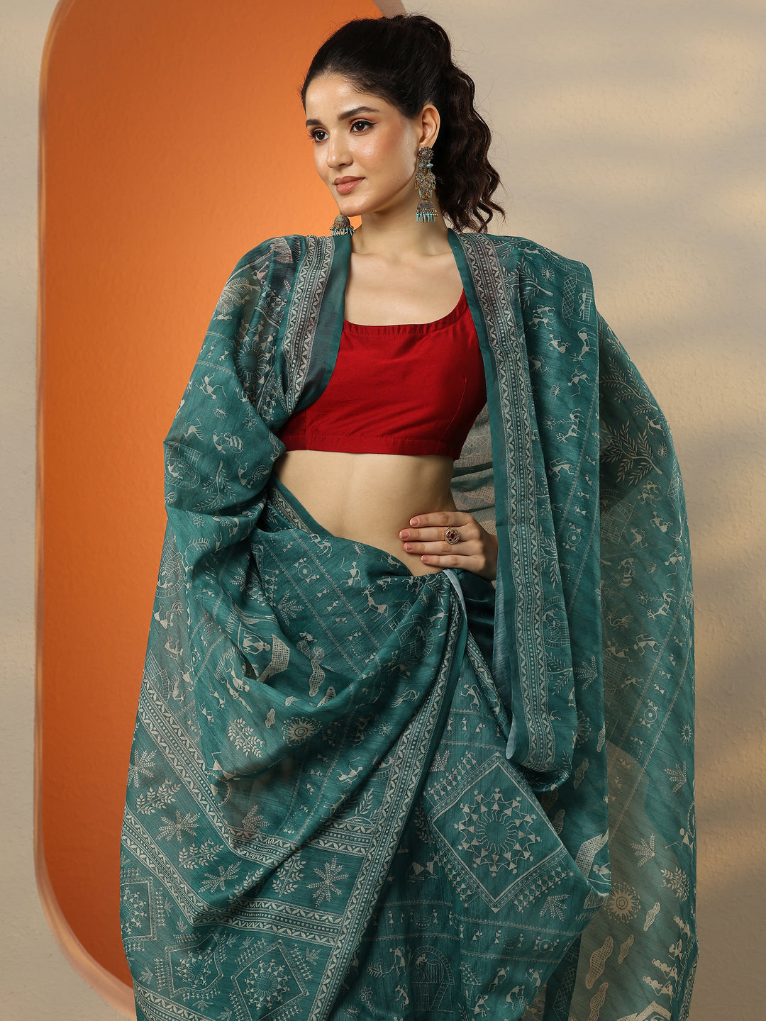 Green Printed Silk Blend Saree With Unstitched Blouse Piece