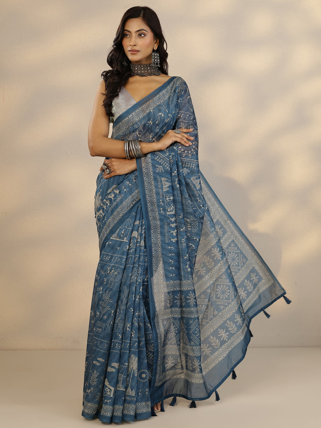 Blue Printed Silk Blend Saree With Unstitched Blouse Piece
