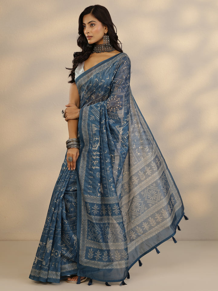 Blue Printed Silk Blend Saree With Unstitched Blouse Piece
