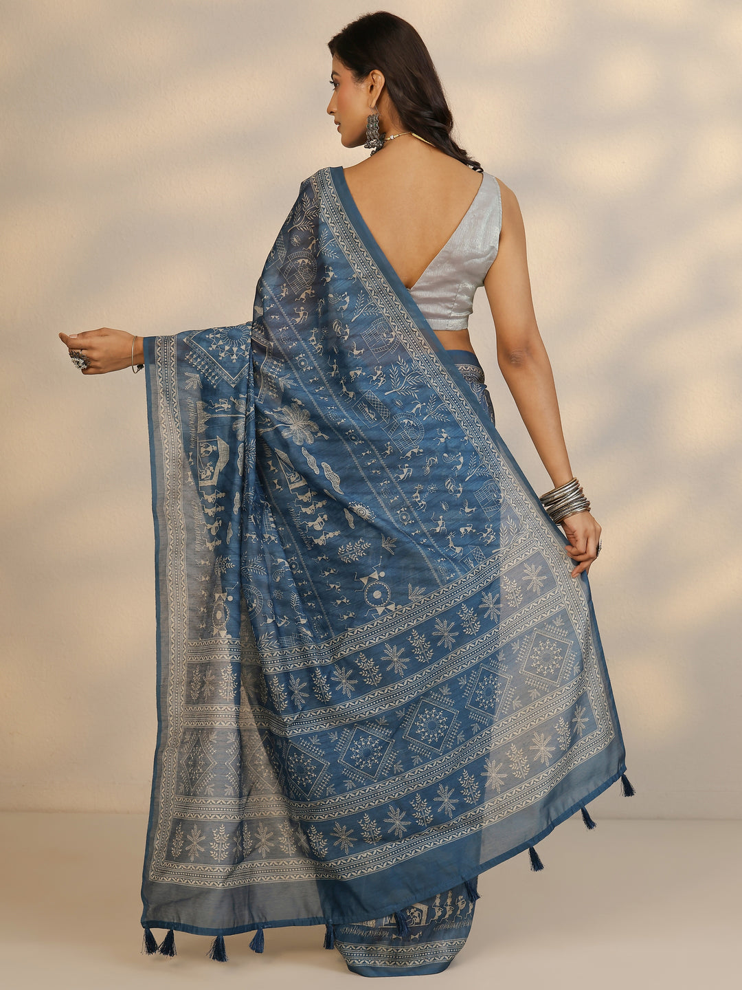Blue Printed Silk Blend Saree With Unstitched Blouse Piece