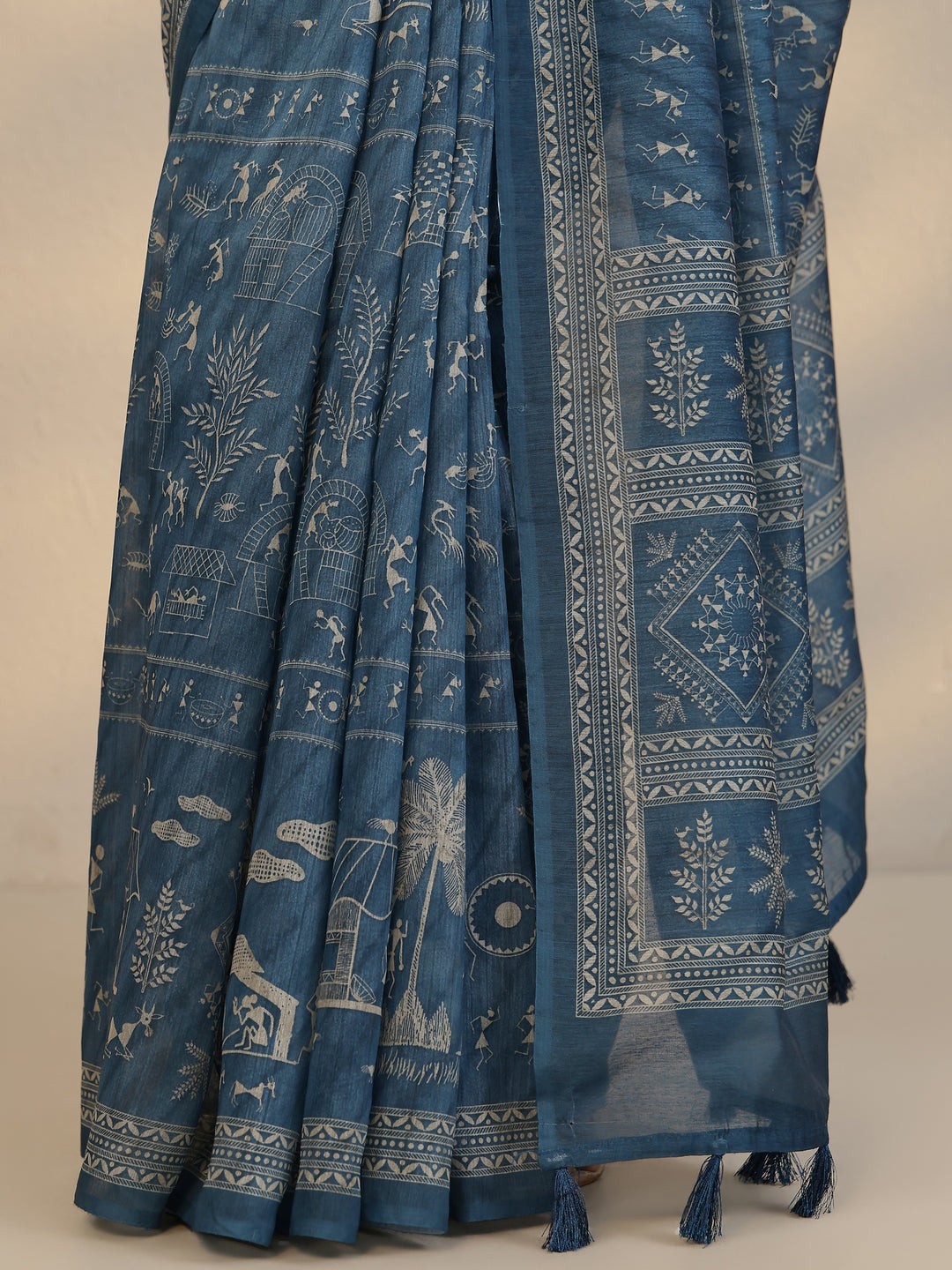 Blue Printed Silk Blend Saree With Unstitched Blouse Piece
