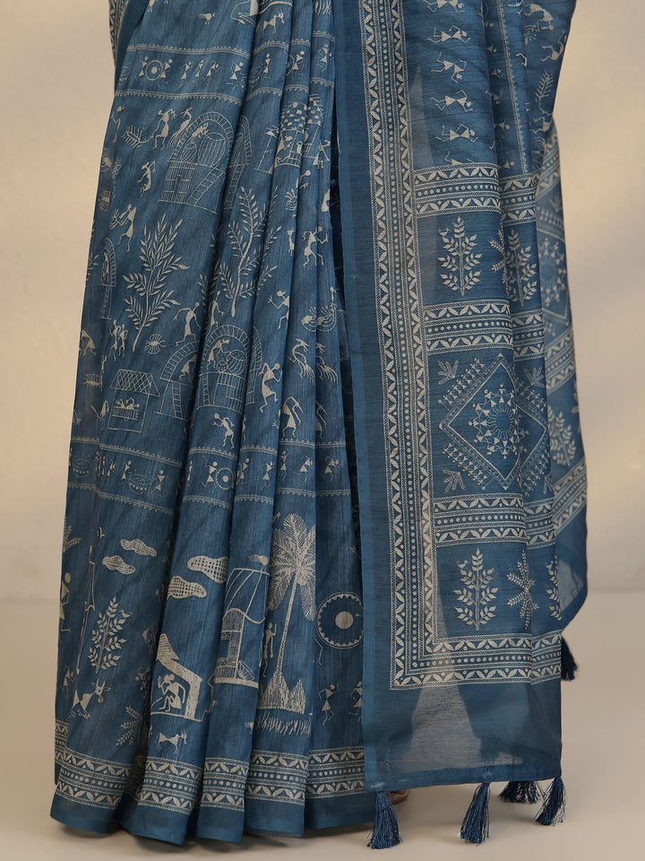 Blue Printed Silk Blend Saree With Unstitched Blouse Piece