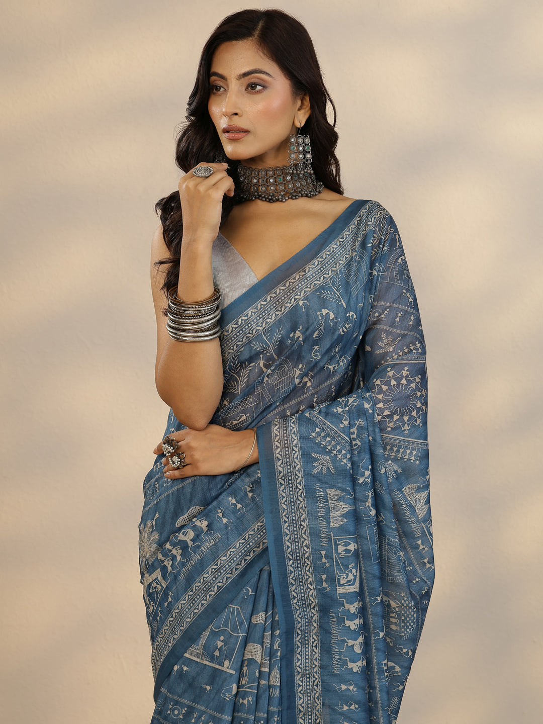 Blue Printed Silk Blend Saree With Unstitched Blouse Piece
