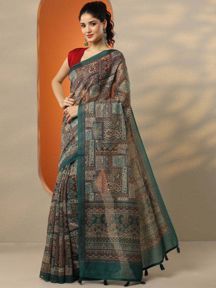 Green Printed Silk Blend Saree With Unstitched Blouse Piece