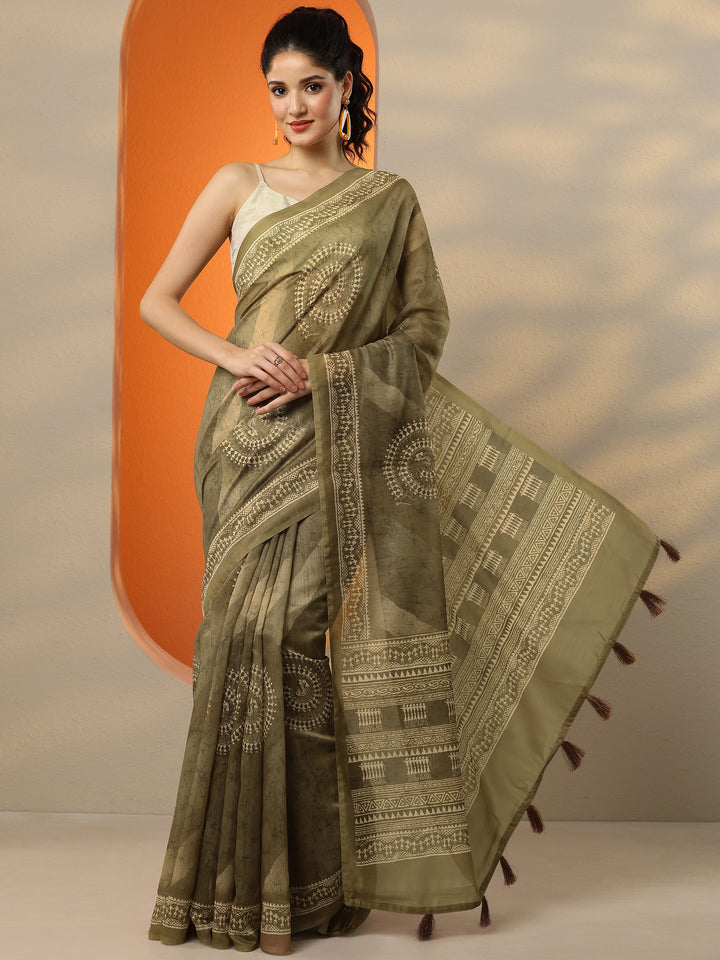 Green Printed Silk Blend Saree With Unstitched Blouse Piece