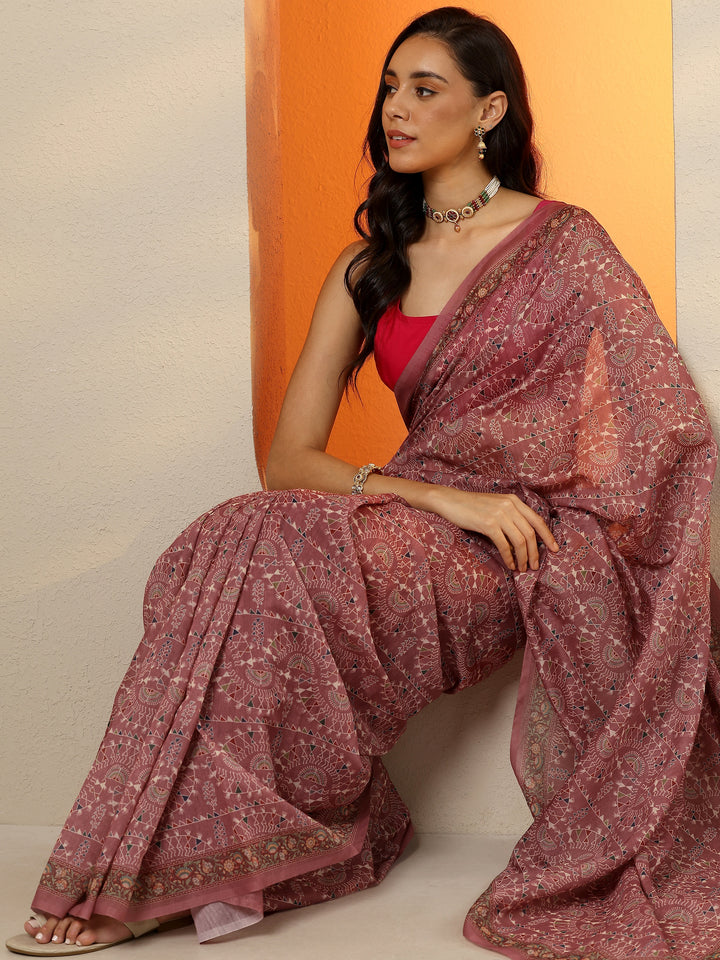 Brown Printed Silk Blend Saree With Unstitched Blouse Piece