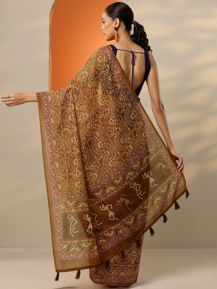 Brown Printed Silk Blend Saree With Unstitched Blouse Piece