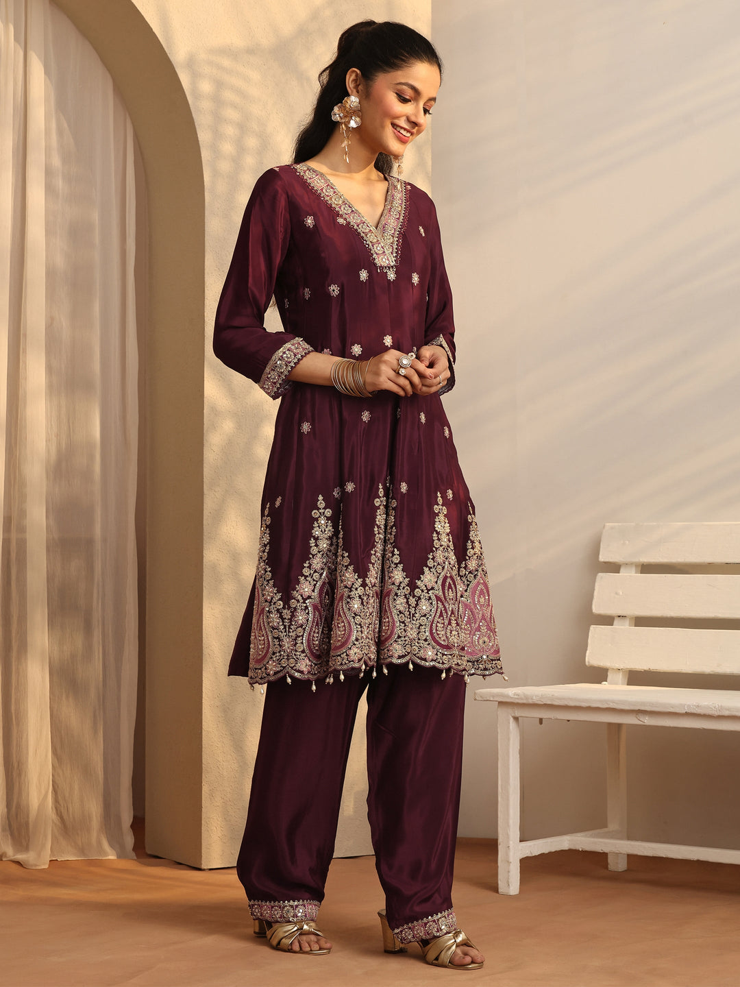 Libas Art Maroon Embroidered Crepe A-Line Suit Set With Dupatta