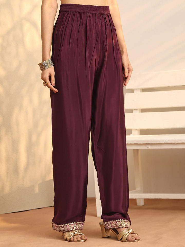 Libas Art Maroon Embroidered Crepe A-Line Suit Set With Dupatta