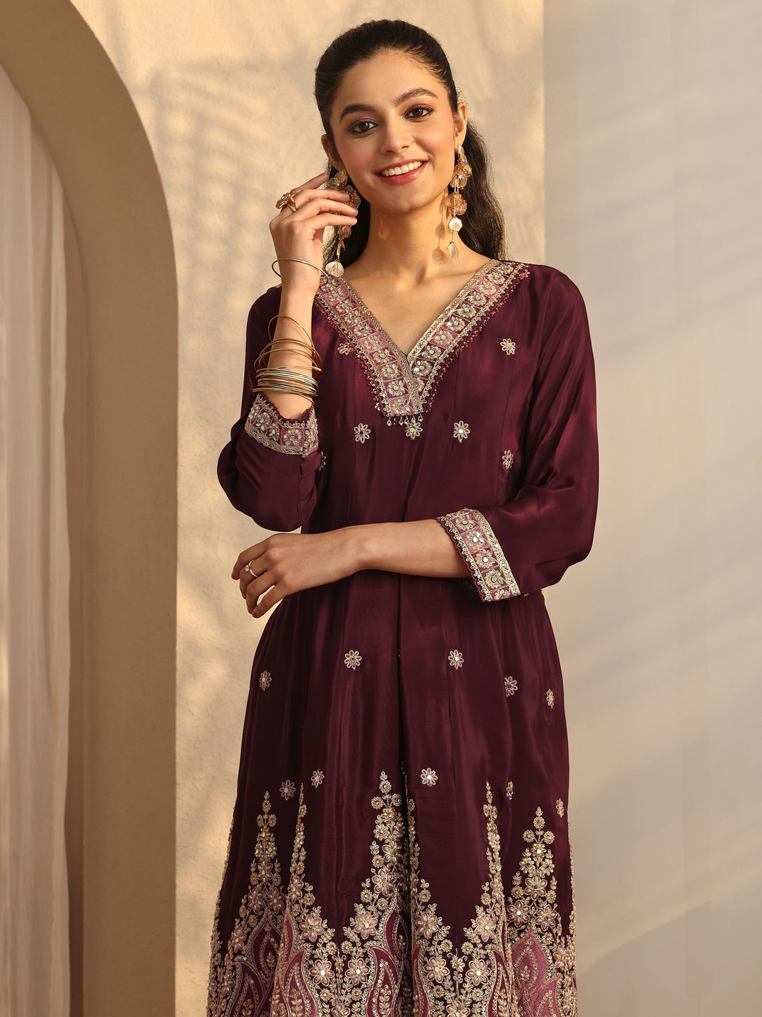 Libas Art Maroon Embroidered Crepe A-Line Suit Set With Dupatta