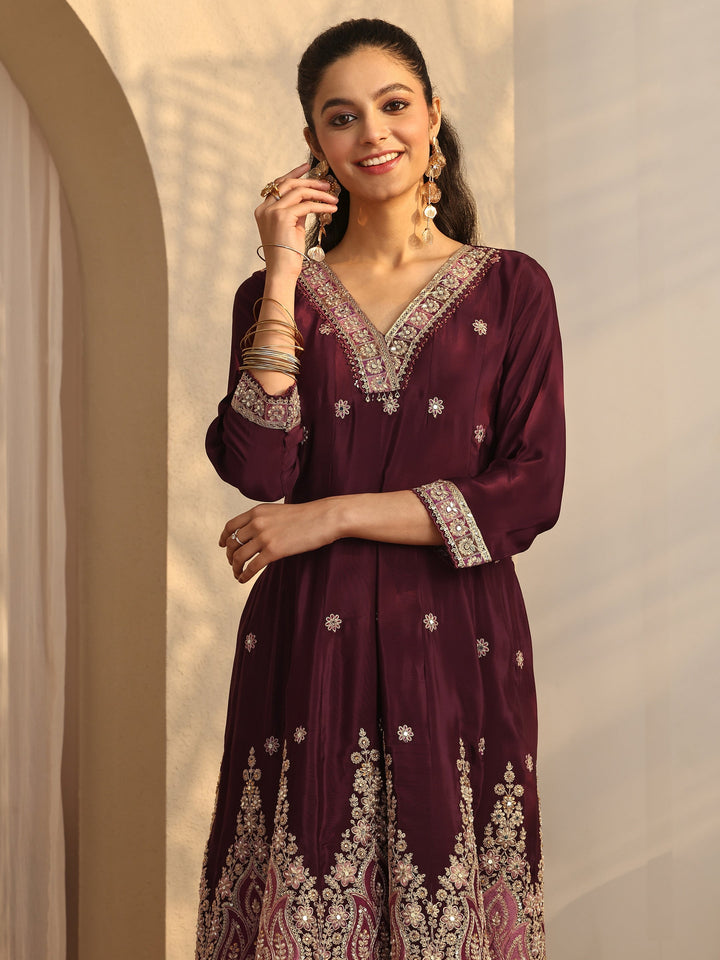 Libas Art Maroon Embroidered Crepe A-Line Suit Set With Dupatta