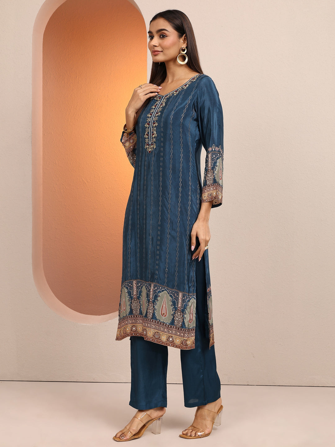 Libas Art Teal Embroidered Crepe Straight Suit Set With Dupatta