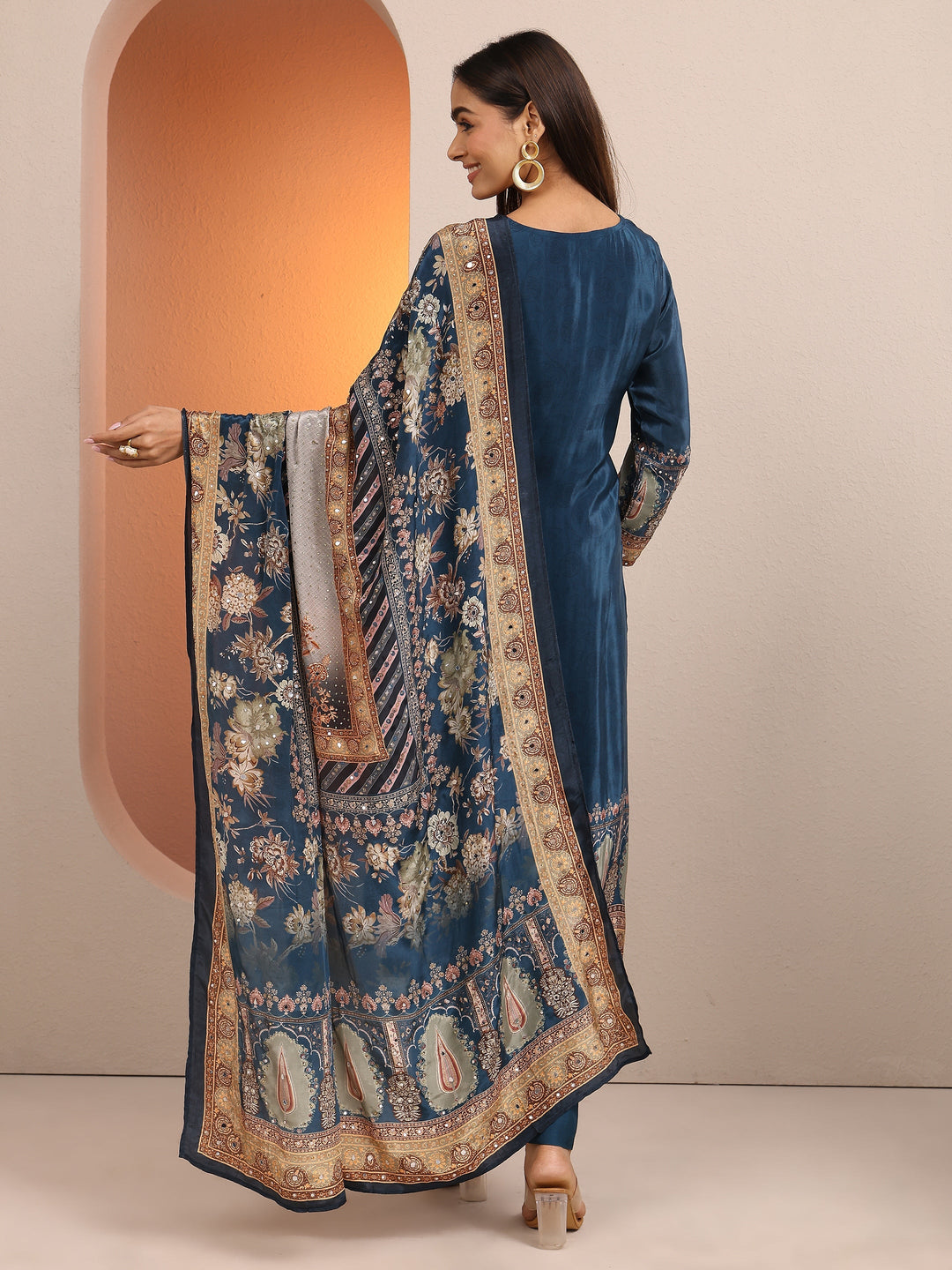 Libas Art Teal Embroidered Crepe Straight Suit Set With Dupatta