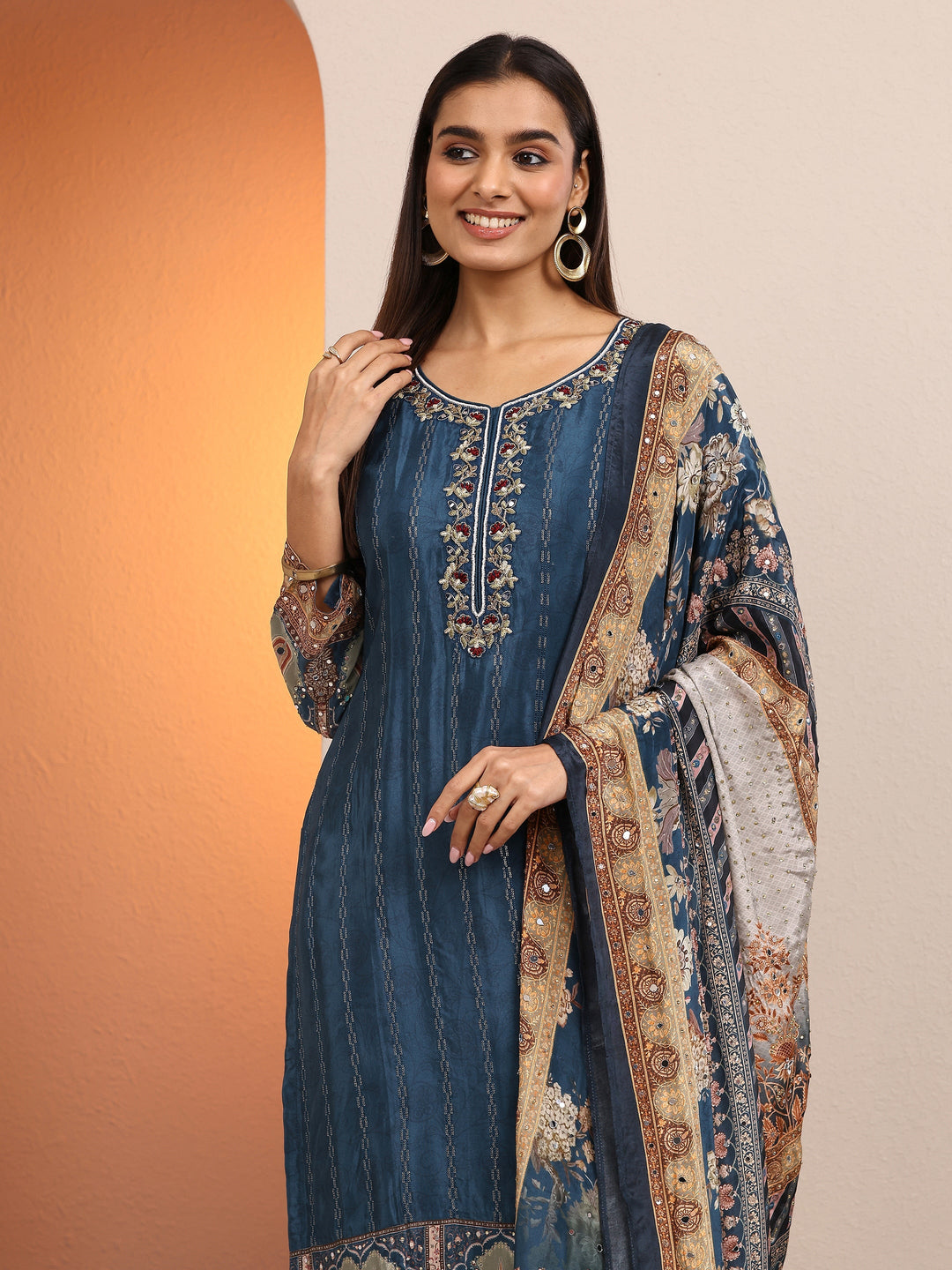 Libas Art Teal Embroidered Crepe Straight Suit Set With Dupatta