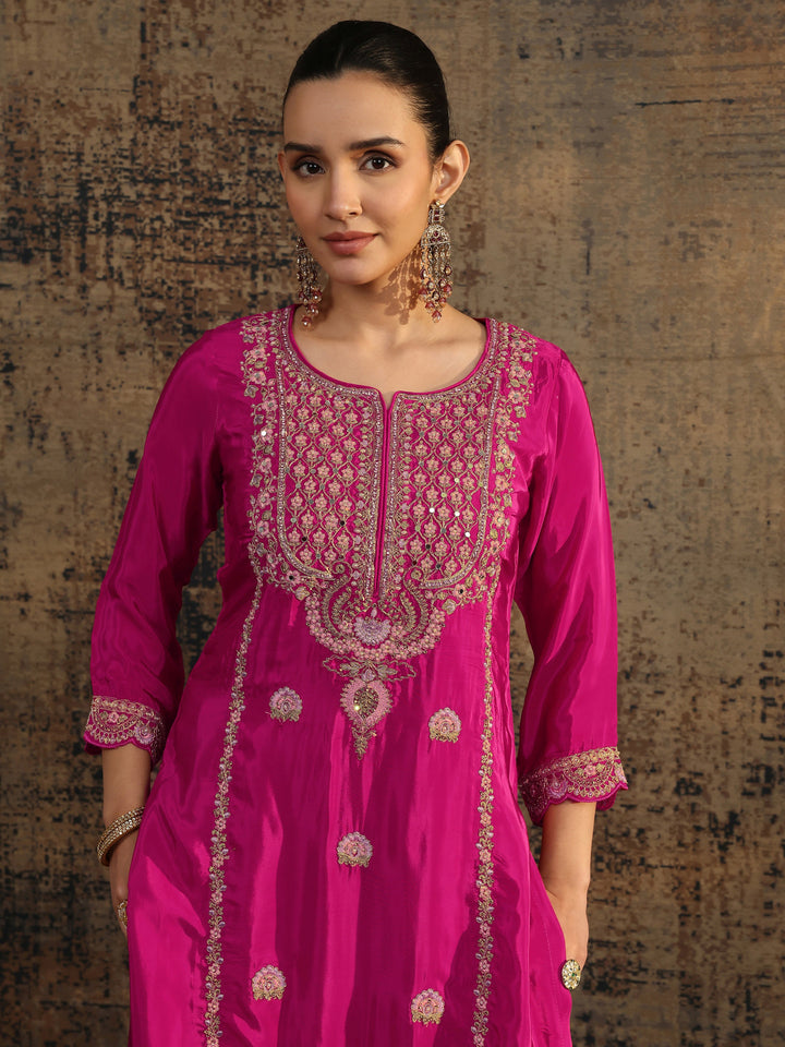 Libas Art Pink Embroidered Crepe Straight Suit Set With Dupatta