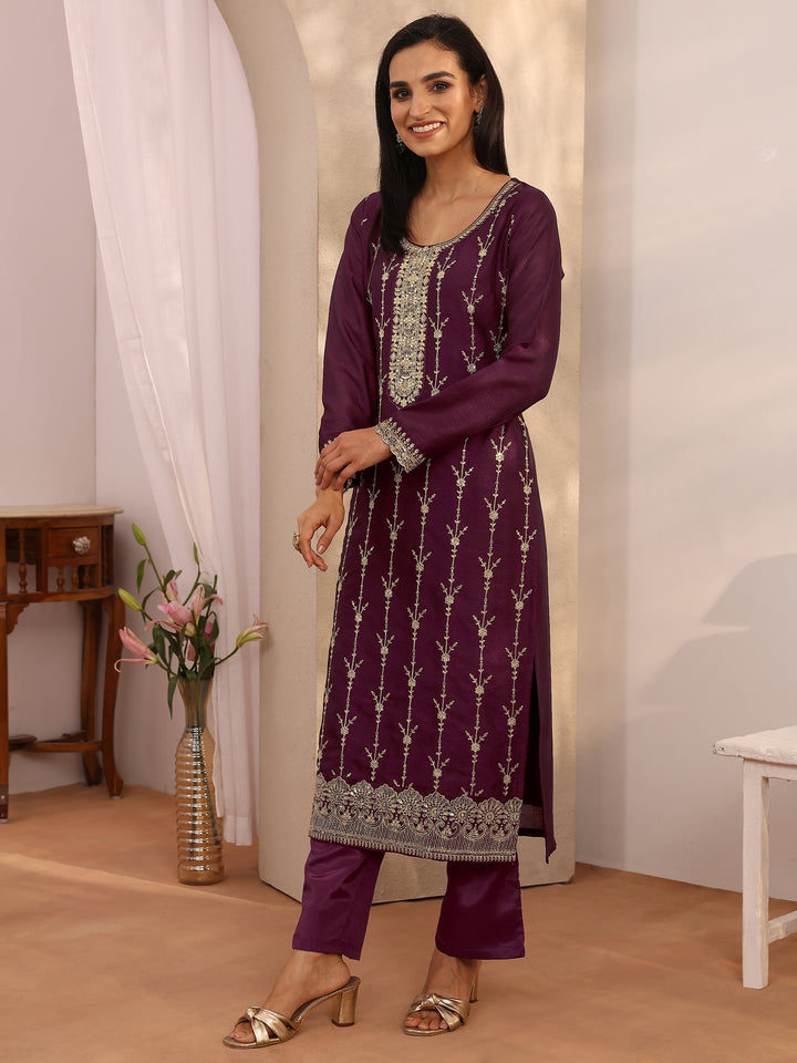 Burgundy Embroidered Silk blend Straight Suit Set With Dupatta