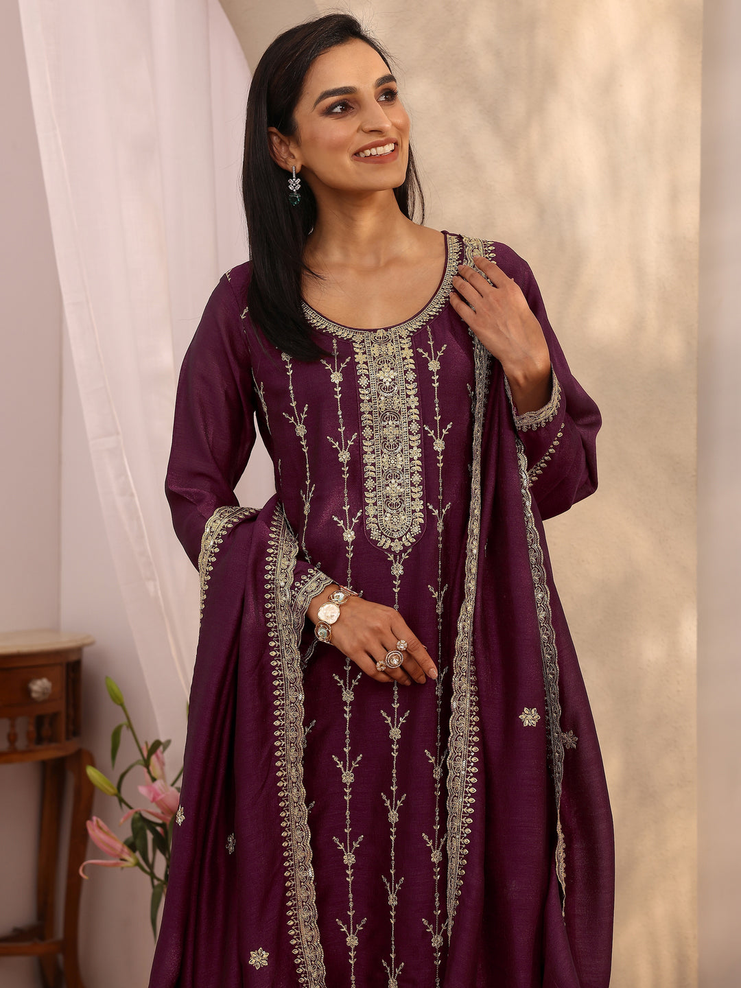 Burgundy Embroidered Silk blend Straight Suit Set With Dupatta