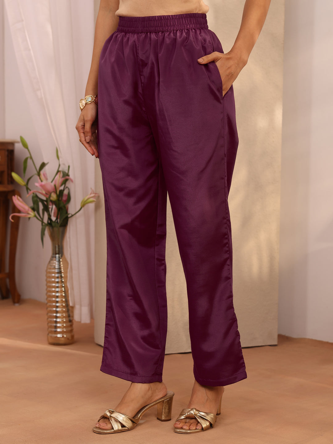 Burgundy Embroidered Silk blend Straight Suit Set With Dupatta